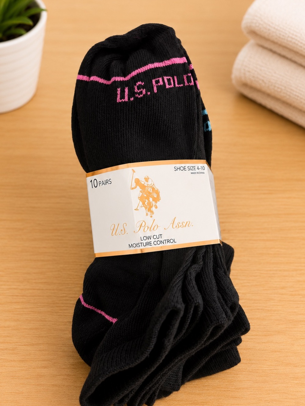 U.S. Polo Assn. Black OR white  Low-Cut Athletic Socks with Pink Trim - 10 Pairs